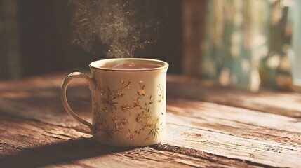 Hot beverage steams from decorative mug on rustic wooden table.