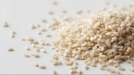 White sesame seeds scattered on a white surface.