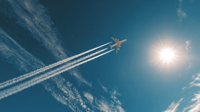 Commercial airplane flying high with white contrails in clear blue sky. It's useful for travel, transportation, and vacation themes in design.