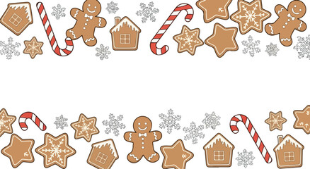 Christmas gingerbread cookies and candy canes border illustration.