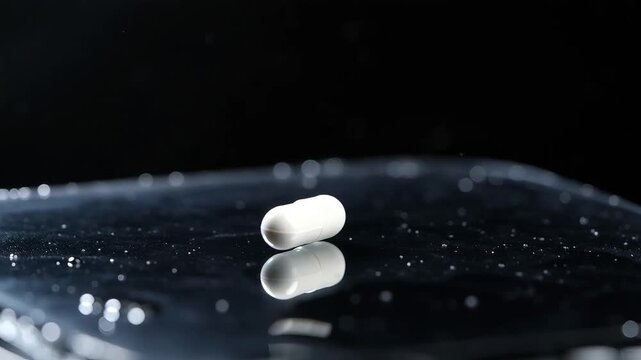 Medicine capsule resting on wet black glass table with reflections for medical, healthcare, or pharmaceutical concept
