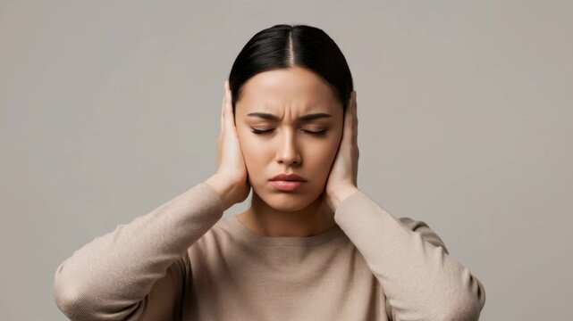 Woman experiencing noise sensitivity or migraine, covering ears due to headache or autism spectrum discomfort footage.