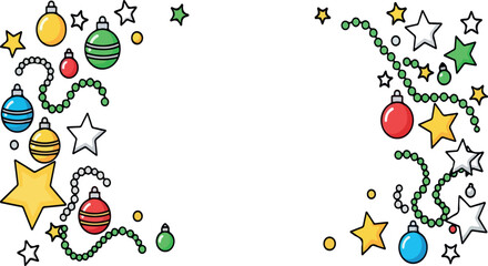 Colorful Christmas ornaments and stars forming a festive border.