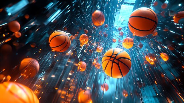 Basketballs Floating in Space: Immerse yourself in a mesmerizing visual, featuring multiple basketballs seemingly suspended in a cosmic expanse.