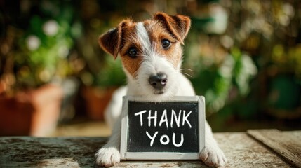 The puppy with a thank you sign sitting on wooden deck in autumn
