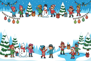 Happy cartoon children playing together in a winter snow scene.