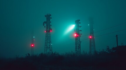 Mysterious Communication Towers: A silhouette of communication towers stand tall amidst a dense fog, illuminated by eerie red lights and a single bright light, creating a sense of intrigue.
