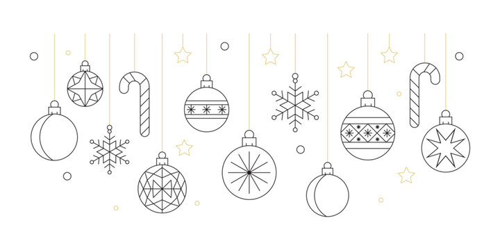Elegant minimalist Christmas line art vector collection featuring golden and black holiday ornaments, snowflakes, stars, bells, and festive decorations in modern balanced stroke design