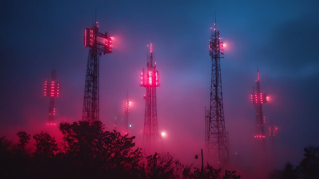 Cyberpunk Dawn: Illuminated communication towers stand silhouetted against the ethereal glow of a misty, twilight sky, radiating a futuristic, technological essence. - Powered by Adobe