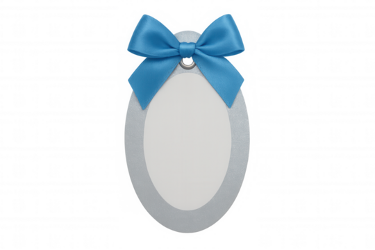 Oval gift tag with blank white space and blue satin ribbon bow, celebrating special occasions