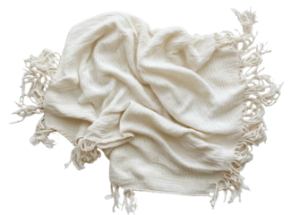 Wrinkled off-white blanket with fringe edges, seen from above