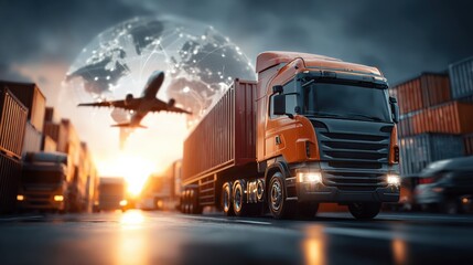dynamic transportation and logistics concept, showcasing various modes of freight transport such as trucking and aviation, integrated with digital connectivity and global networking.