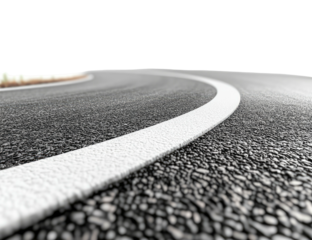 Curving asphalt road with solid white line, perspective view