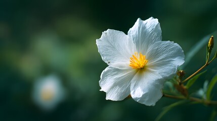 Obraz premium White flower with delicate petals and yellow center blooms in garden.
