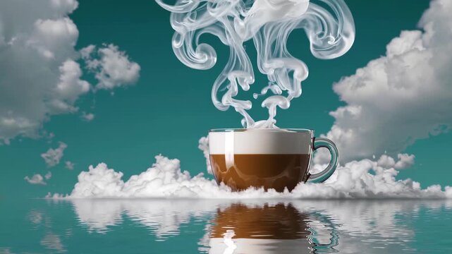a glass cup of layered coffee (latte or cappuccino) floating on a calm body of water, surrounded by fluffy white clouds and with its steam magically forming large swirls in a turquoise sky