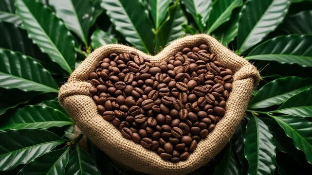 Heartshaped burlap sack filled with coffee beans