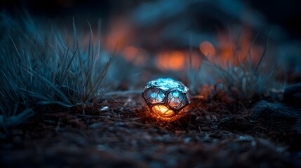 Glowing orb rests on forest floor amidst grass and moss.