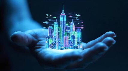 glowing hand holding a small, vibrant holographic projection of a futuristic city skyline with colorful neon lights and flying drones, symbolizing smart city technology, urban planning - Powered by Adobe