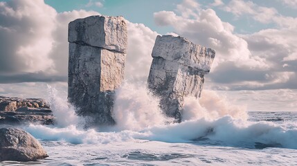 Ice on rocky beach with ice axe near snowy coastal mountains under cloudy sky