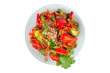Vibrant Asian-Inspired Beef Salad with Fresh Vegetables and Sesame Seeds isolated images on plate