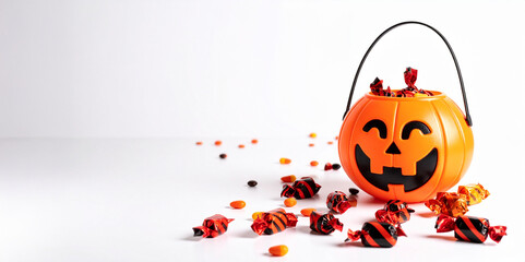 Halloween candy bucket overflowing with candies, placed on a white surface leaving copy space