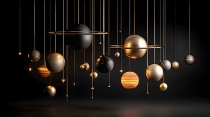 Luxurious spherical objects resembling planets hang suspended in an elegant display.