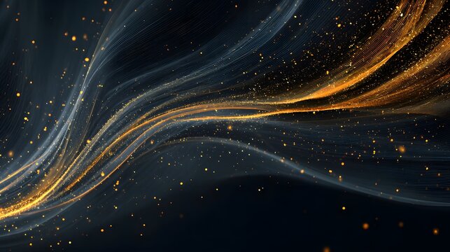 Glowing golden particles illuminate swirling ethereal ribbons on a dark background.