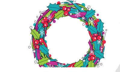 Hand drawn colorful Christmas wreath with holly leaves and red berries.
