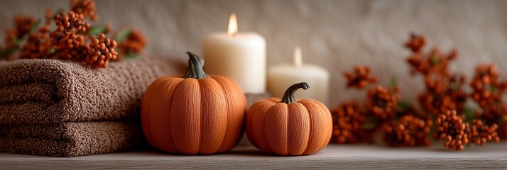 Warm autumn decor with pumpkins, candles, and soft towels.