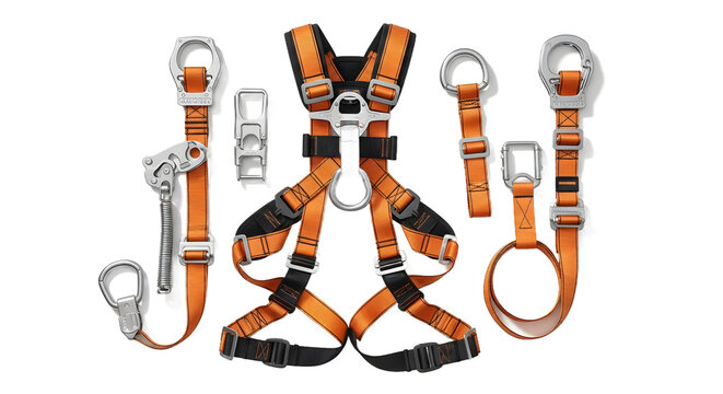 Flat lay of a professional safety harness and fall protection equipment, showing adjustable straps, secure buckles, and connectors, isolated on a clean white background