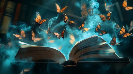 Old magical book glowing with candle light on a library table