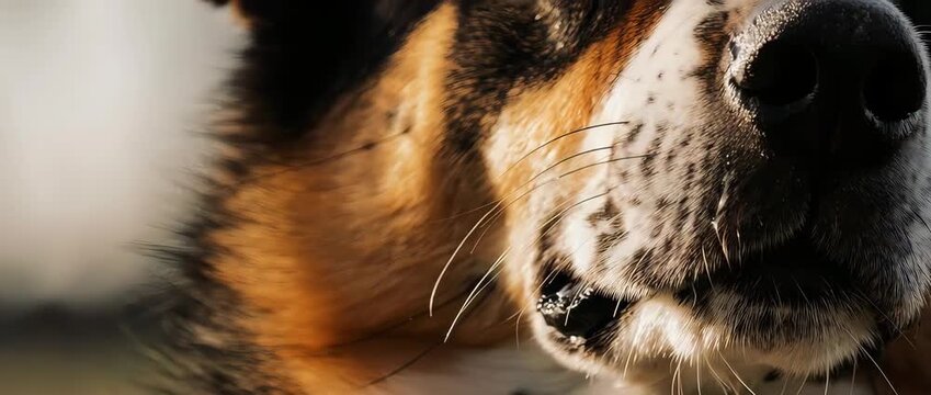 A heartwarming and detailed macro video of a dog's wet nose in slow motion. The intricate texture and a dangling water drop add to the cute, funny moment.