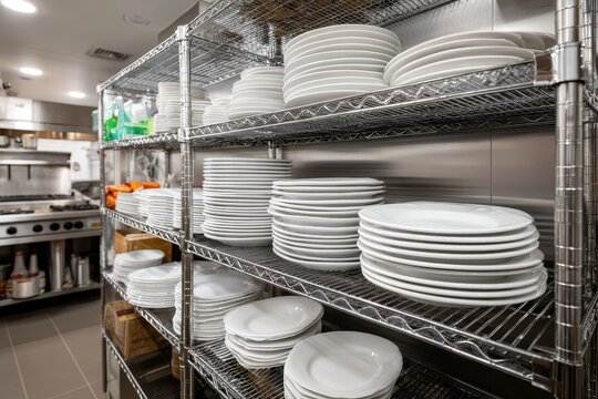 Stacks of clean white plates are organized on metal shelving in a kitchen. It showcases restaurant ware ready for food service, hygiene, & organization.