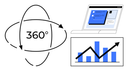360-degree rotation graphic, laptop with software, and rising graph. Ideal for analytics, technology, business growth, innovation, data visualization insights and progress. Simple flat metaphor