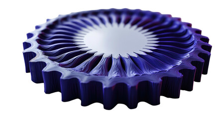 Blue textured disk with radial, angled fins and central smooth silver circle