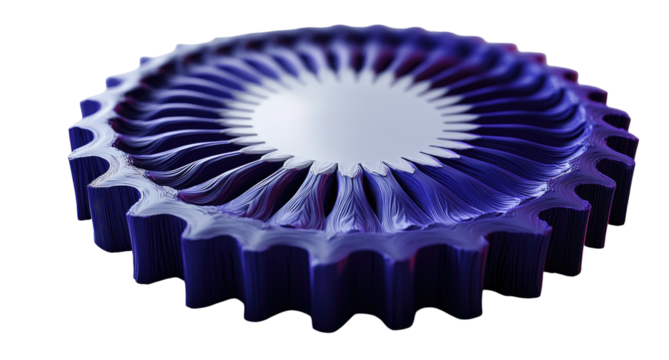 Blue textured disk with radial, angled fins and central smooth silver circle - Powered by Adobe