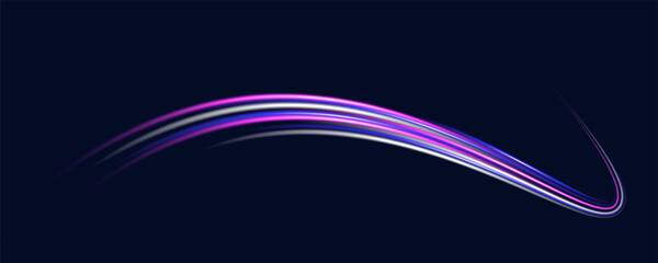 Neon stripes in the form of drill, turns and swirl. Speed of light concept background. Abstract background rotational border lines.