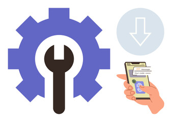 Hand using smartphone for code confirmation, large gear with wrench, down arrow. Ideal for cybersecurity, software setup, technology, protection, configuration, mobile use simple flat metaphor