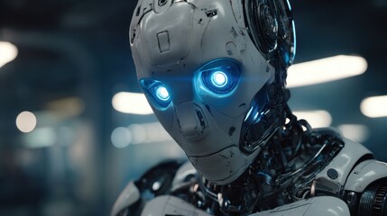 Fototapeta premium Advanced humanoid robot with glowing blue eyes in a futuristic setting showcasing sleek design and technology