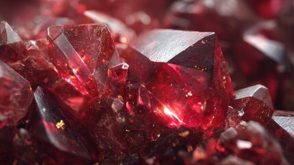 Close-up view of vibrant red crystals glimmering under soft light in an abstract display of geological beauty