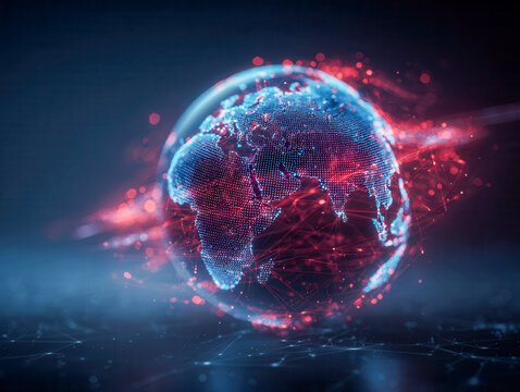 Digital globe with interconnected data points and glowing network lines representing global communication and technology innovation in a futuristic concept