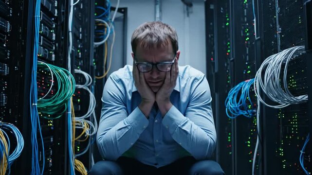 Man sitting in a server room with head down, looking defeated and stressed amidst tangled network cables, representing it failure and despair vector illustration