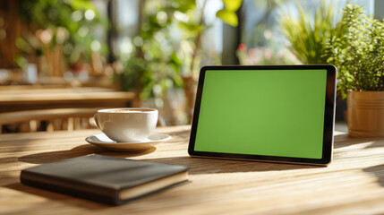 A tablet with a green screen, a closed notebook, and a cup of coffee placed on a wooden table in a bright and cozy cafe setting with natural light and plants around