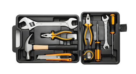 Fototapeta premium Flat lay of a comprehensive toolkit, featuring essential repair instruments neatly arranged in an open black plastic box, isolated on pure white background