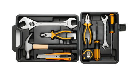 Flat lay of a comprehensive toolkit, featuring essential repair instruments neatly arranged in an open black plastic box, isolated on pure white background
