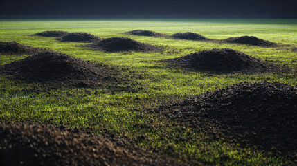 Dark soil mounds scattered across a vibrant green grass field with soft sunlight casting shadows creating a natural outdoor landscape scene