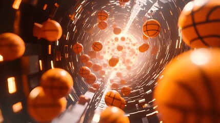 Orange basketball sphere in the basket during a competitive game