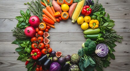 A vibrant circular wreath of fresh rainbow-colored fruits and vegetables on a rustic wooden table, representing healthy eating and nutrition