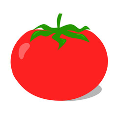 Flat vector illustration of a fresh red tomato with green stem, simple and clean design ideal for food, health, and organic graphics