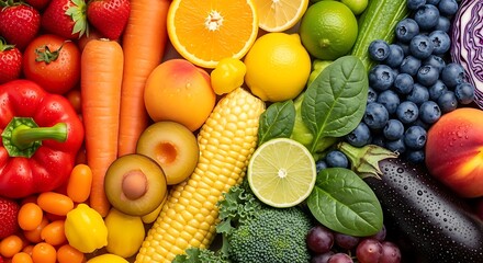 A vibrant assortment of fresh fruits and vegetables arranged in a beautiful rainbow spectrum, symbolizing a healthy diet and natural nutrition